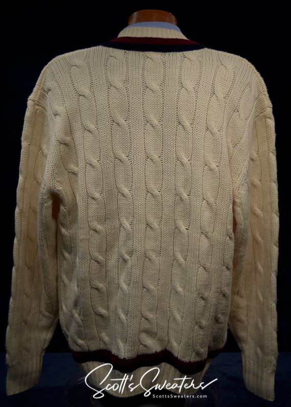 Original retro marino wool ivory cable-knit tennis sweater with navy and burgundy striped trim by Brooks Brothers, XXL size.