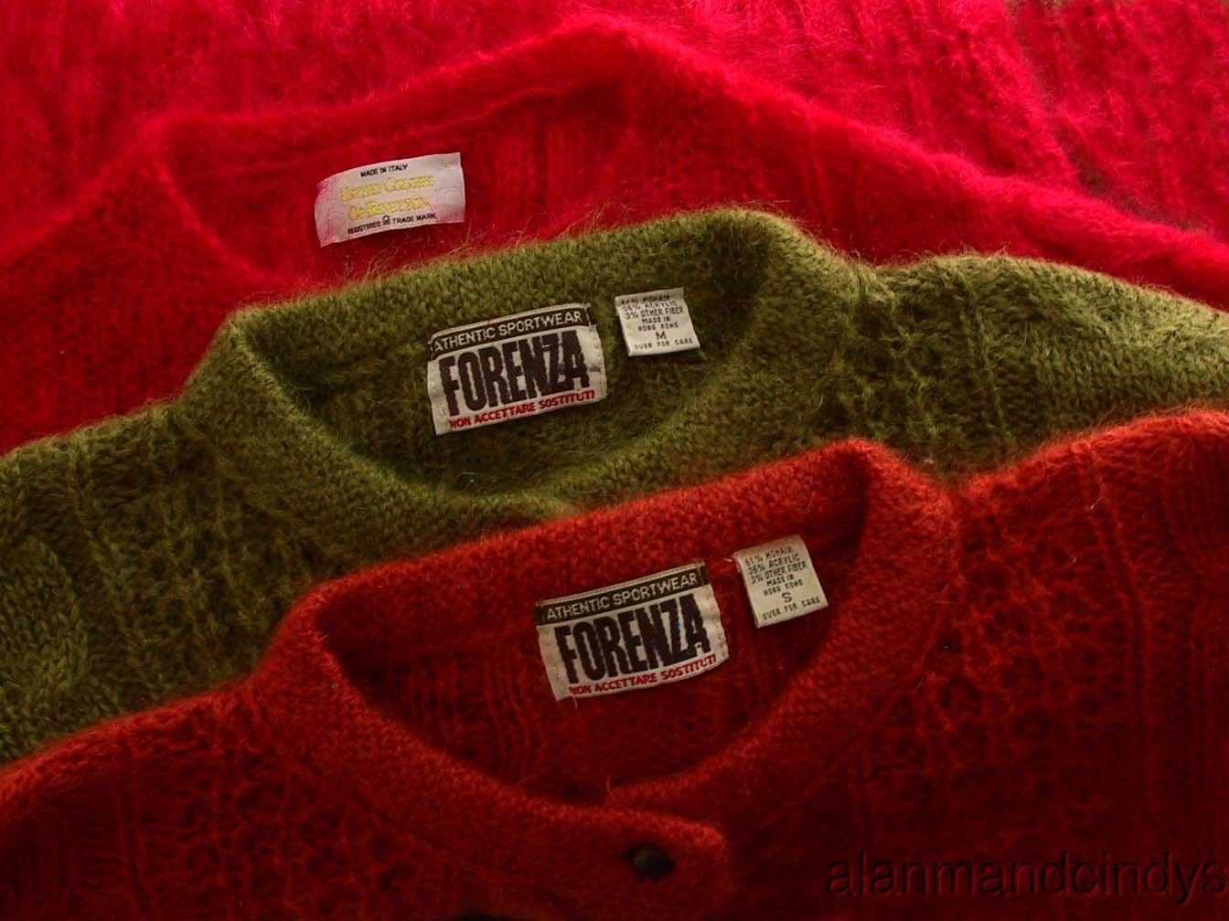 Two vintage cable-knit mohair cardigans in red and green by Forenza, women's small size, retro Italian style
