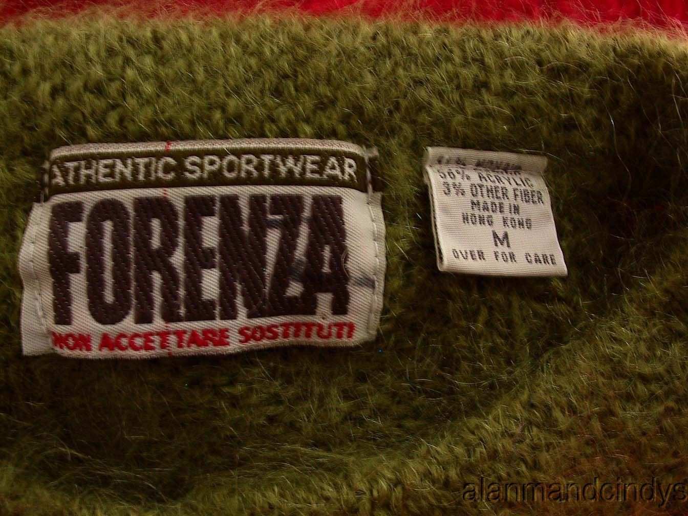 Close-up of Forenza authentic sportwear label on retro Italian mohair cardigan sweater in olive green with red trim