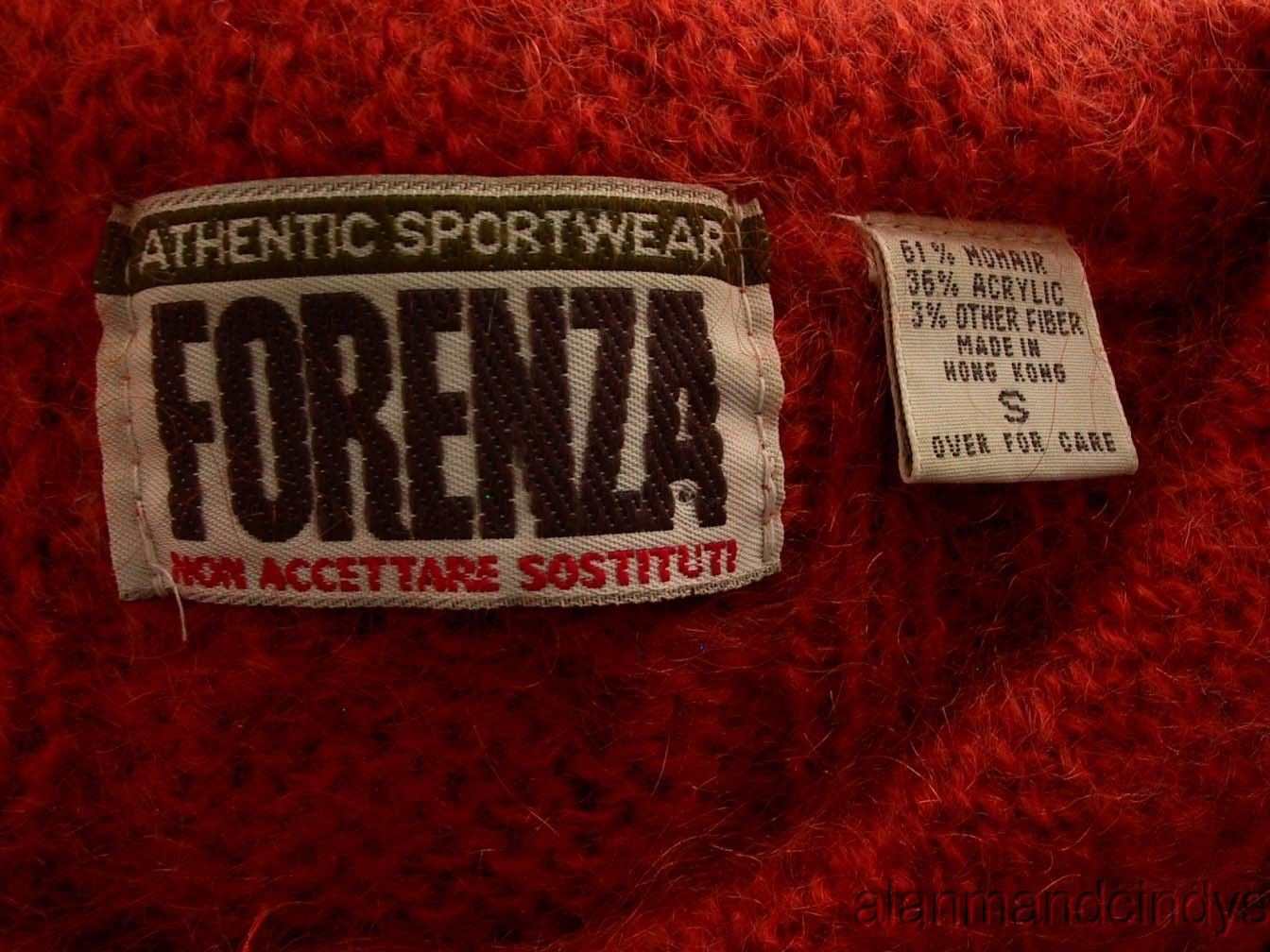 Close-up of Forenza label on woman's retro Italian mohair cable-knit cardigan sweater in red, size small