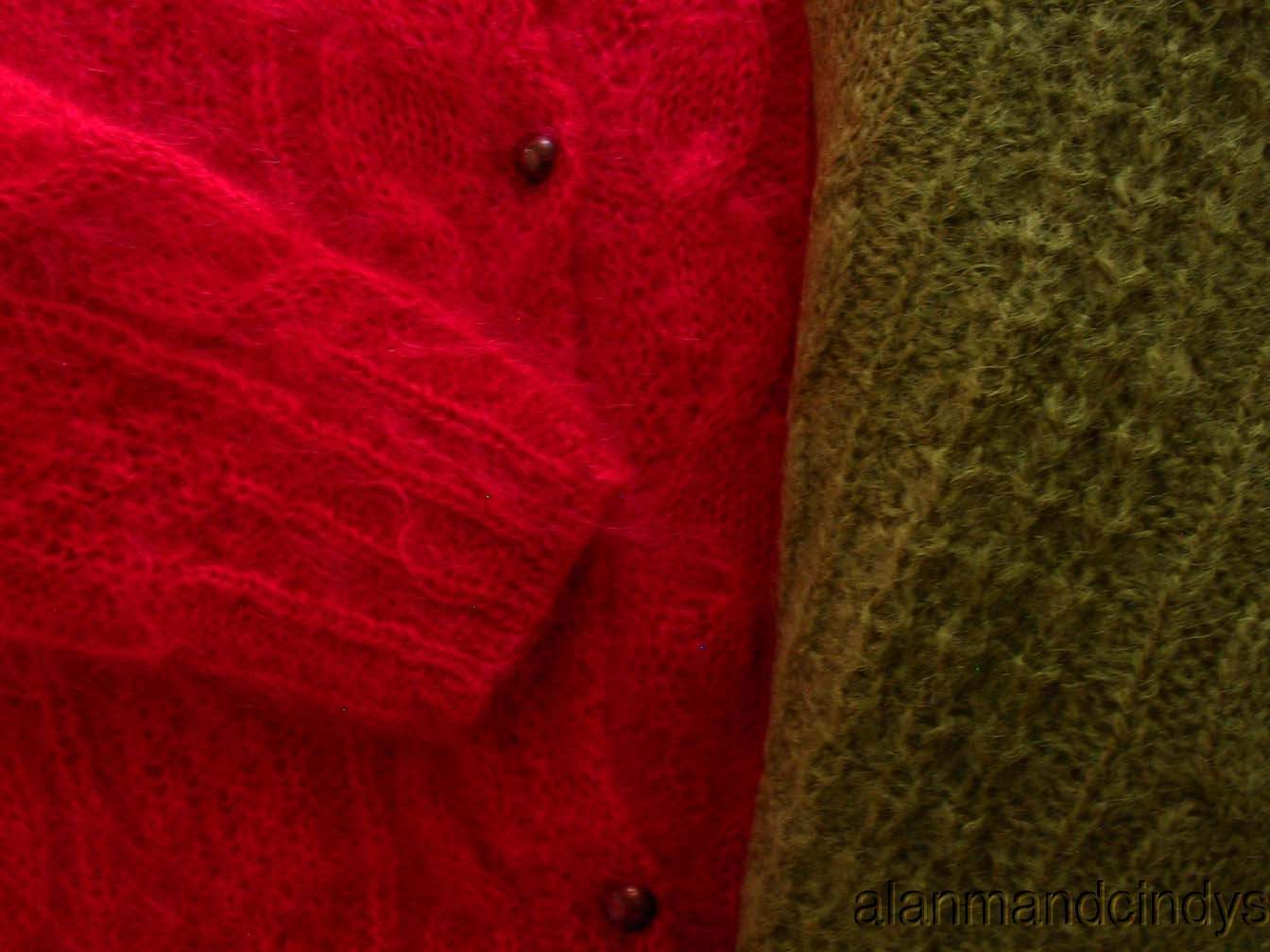 Woman's retro Italian mohair cable-knit cardigan sweaters in red and olive colors, small size