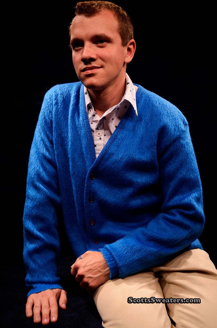 Men's retro classic royal-blue mohair cardigan sweater by Brent model wearing small medium size