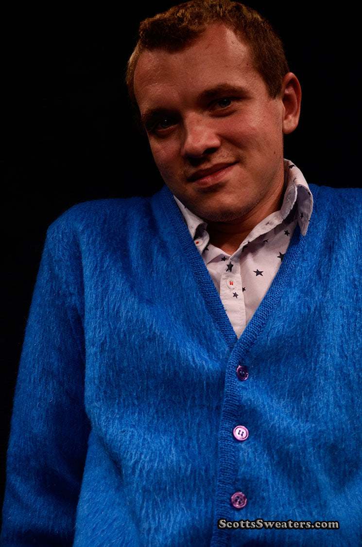 Men's royal-blue retro classic mohair cardigan sweater by Brent, small/medium size