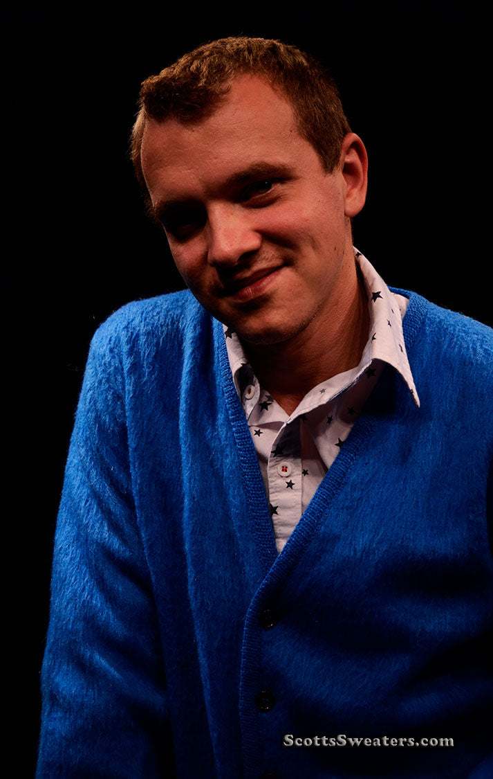 Men's retro classic royal-blue mohair cardigan sweater by Brent in small/medium size