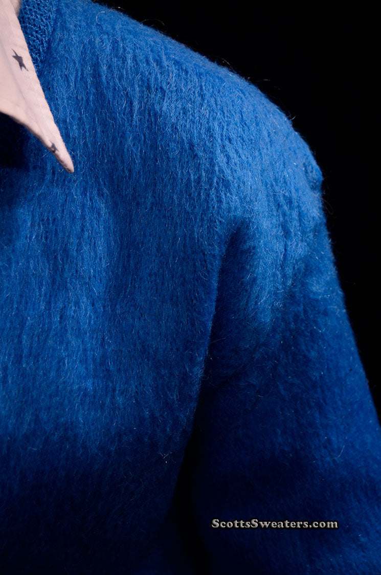 Men's retro classic royal-blue mohair cardigan sweater by Brent close-up on shoulder and collar