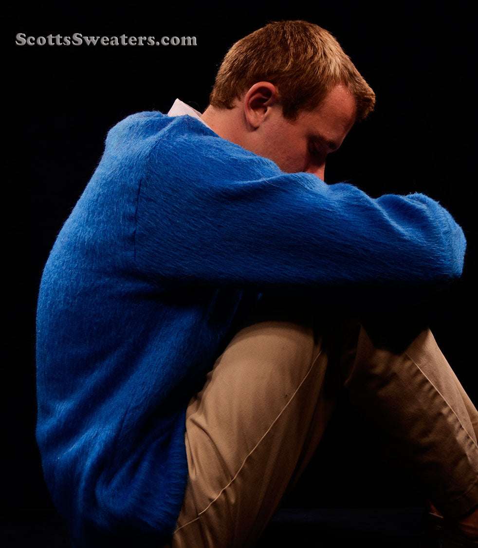 Men's retro classic royal-blue mohair cardigan sweater by Brent, small/medium size
