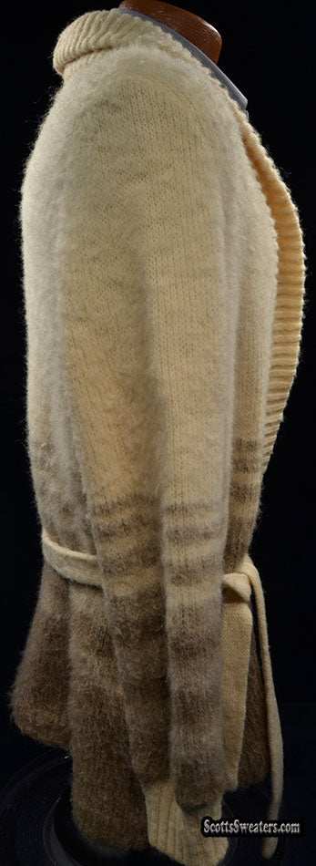 Woman's Icelandic wool sweater wrap with belt tie and shawl neck by Hilda Ltd in natural wool and horizontal thick lines design