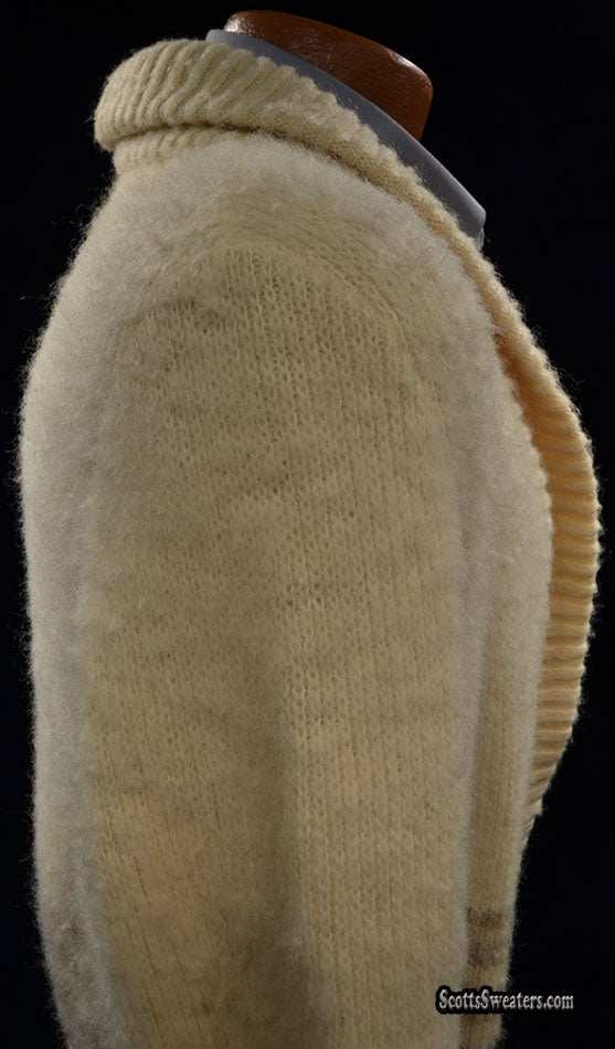 Vintage woman's Icelandic wool sweater wrap by Hilda Ltd, natural thick wool with shawl neck and belt tie.