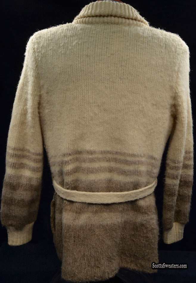 Back view of a woman's Icelandic wool sweater wrap with horizontal stripes and belt tie by Hilda Ltd