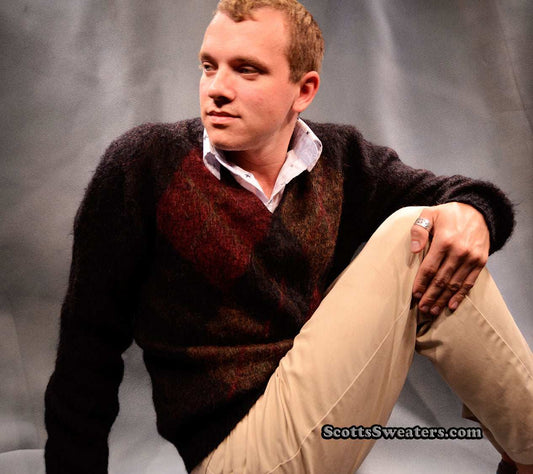Retro Shaggy Argyle Mohair V-Neck Sweater