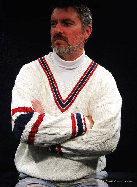 Men's sporty V-neck pullover cotton cable-knit sweater with red and navy blue striped trim and crossed tennis rackets emblem