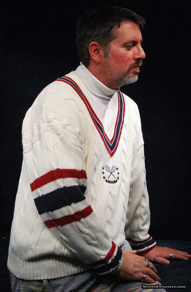 Men's sporty V-neck pullover cotton cable-knit sweater with red and navy stripes and tennis rackets emblem