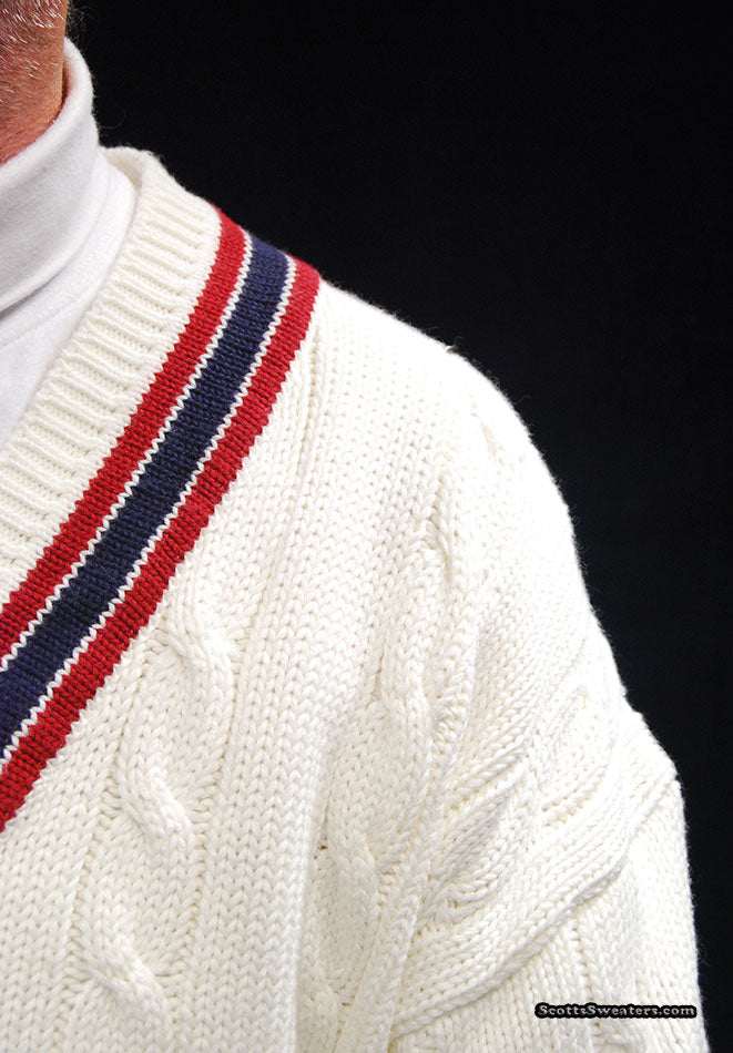 Men's sporty V-neck pullover cotton cable-knit sweater with red and navy striped trim and crossed tennis rackets emblem
