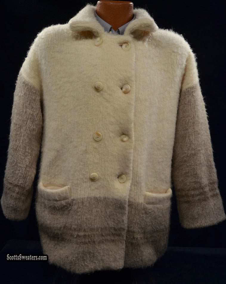Woman's Icelandic wool pea coat in ivory and tan with double-breasted buttons and nylon lining by Hilda Ltd.