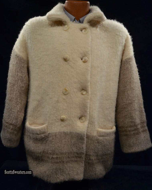 Woman's Icelandic wool pea coat in ivory and tan with double-breasted buttons and nylon lining by Hilda Ltd.