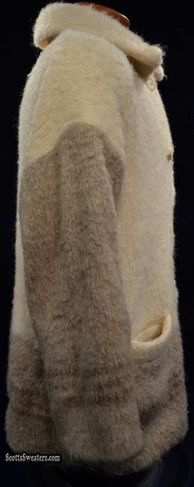 Woman's Icelandic wool pea coat by Hilda Ltd in ivory and tan with double-breasted design and nylon lining.