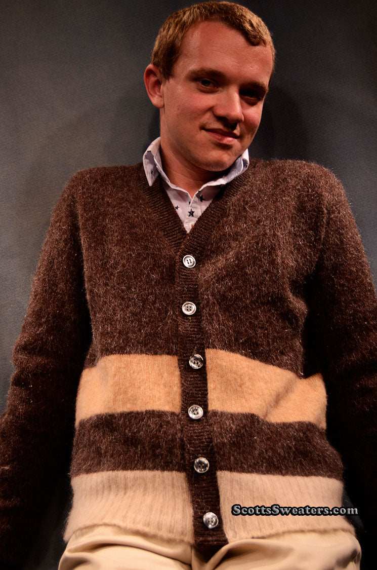 Men's retro classic two-tone brown mohair cardigan sweater by Arena with button front