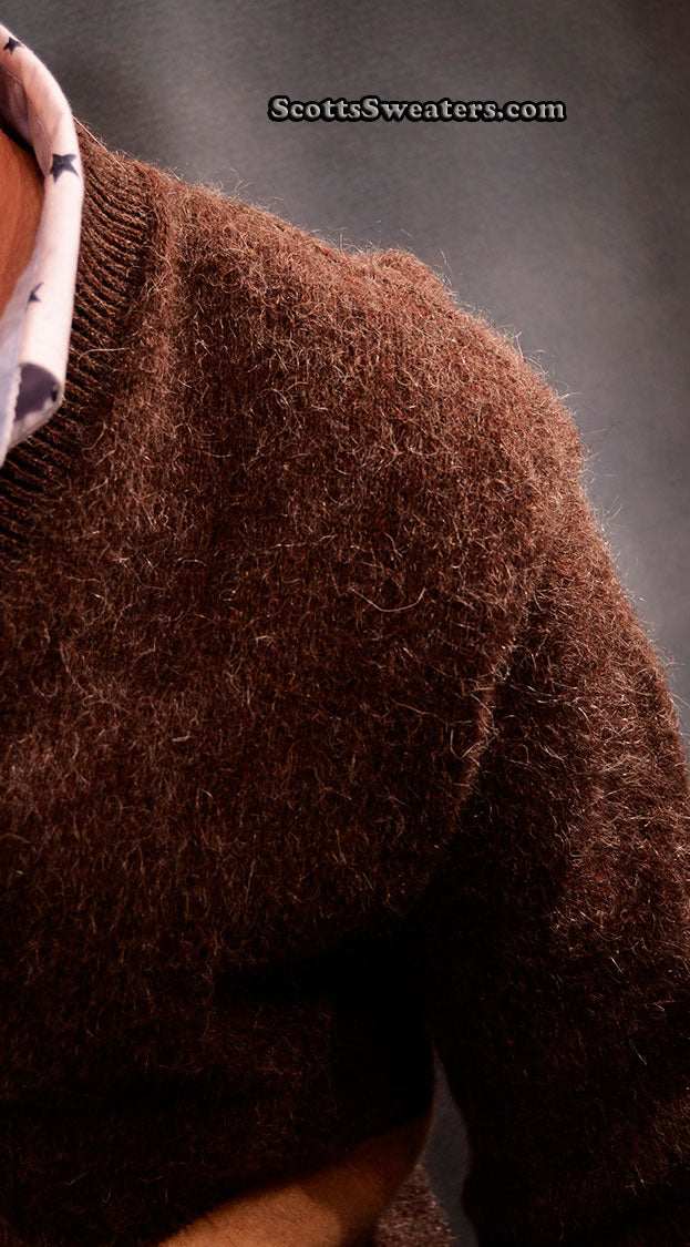 Men's retro classic brown two-tone mohair cardigan sweater by Arena close-up view