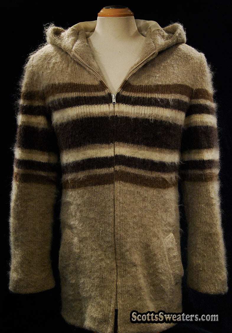 Woman's tan Icelandic wool hooded coat with horizontal three-tone stripes and nylon lining by Hilda Ltd, size medium