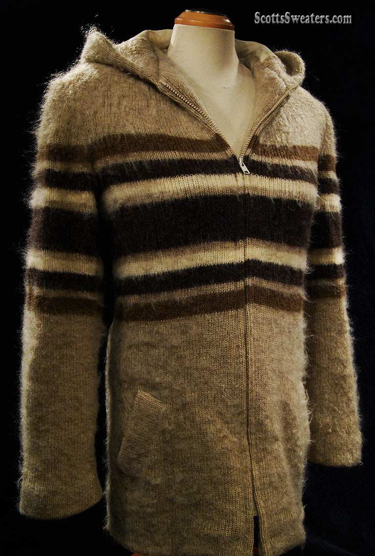 Woman's tan Icelandic wool hooded coat with three-tone horizontal stripes and zipper by Hilda Ltd