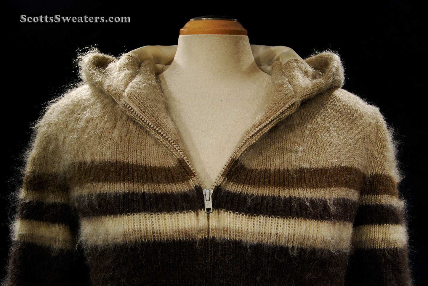 Tan woman's Icelandic wool hooded coat with horizontal three-tone stripes and zipper by Hilda Ltd.