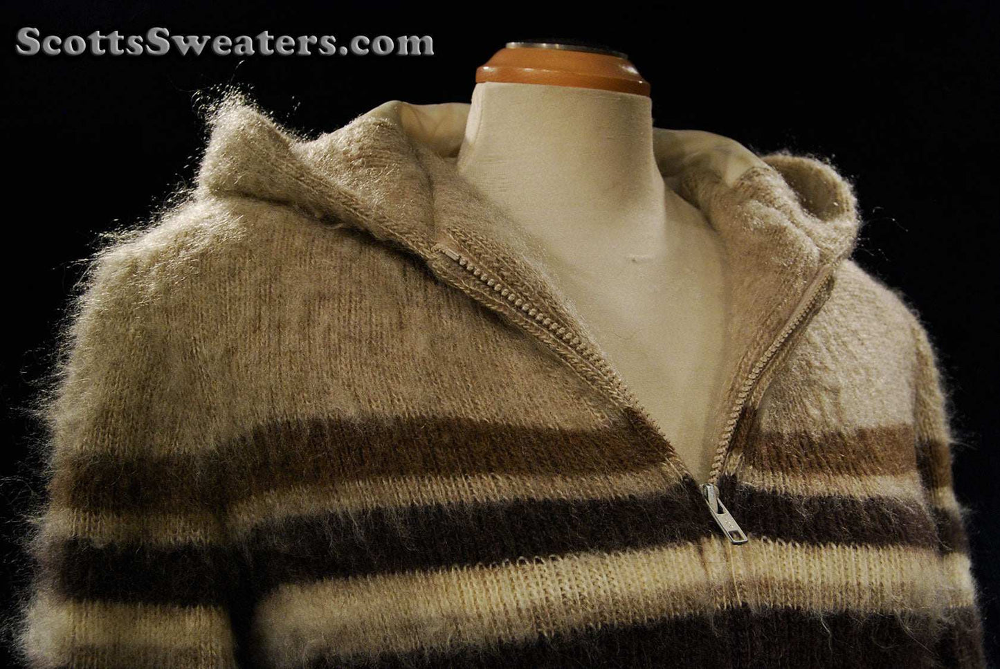 Woman's tan Icelandic wool coat with hood and horizontal three-tone stripes by Hilda Ltd, size medium