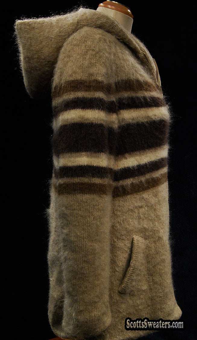 Tan woman's Icelandic wool coat with horizontal three-tone stripes and hood by Hilda Ltd.
