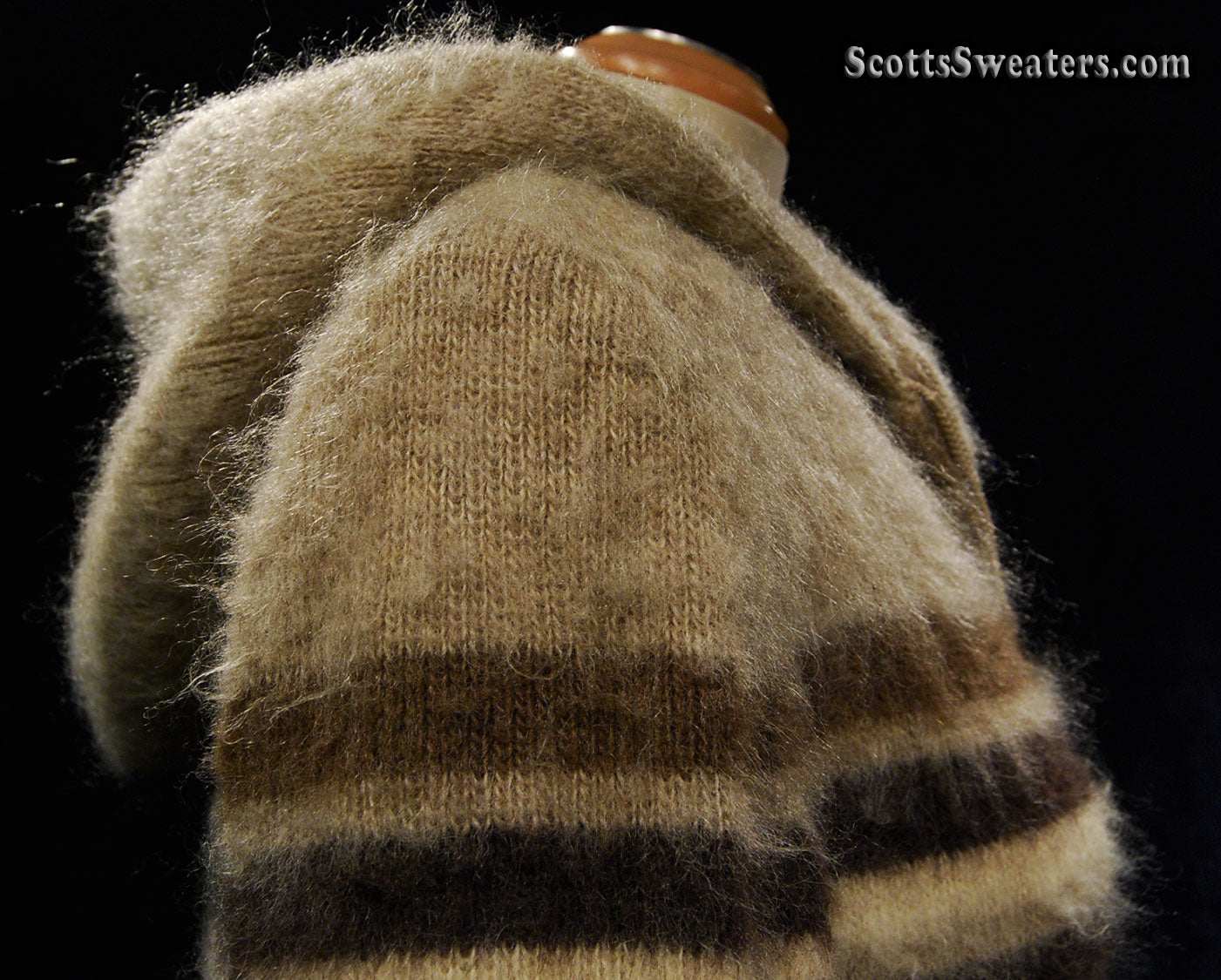 Woman's tan Icelandic wool hooded coat with three-tone horizontal stripes and nylon lining by Hilda Ltd, medium size.
