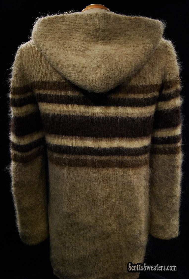 Woman's Icelandic wool hooded coat with three-tone horizontal stripes by Hilda Ltd, tan color.