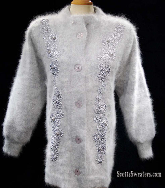 Woman's grey missy angora cardigan sweater with floral embroidery and single-button closure