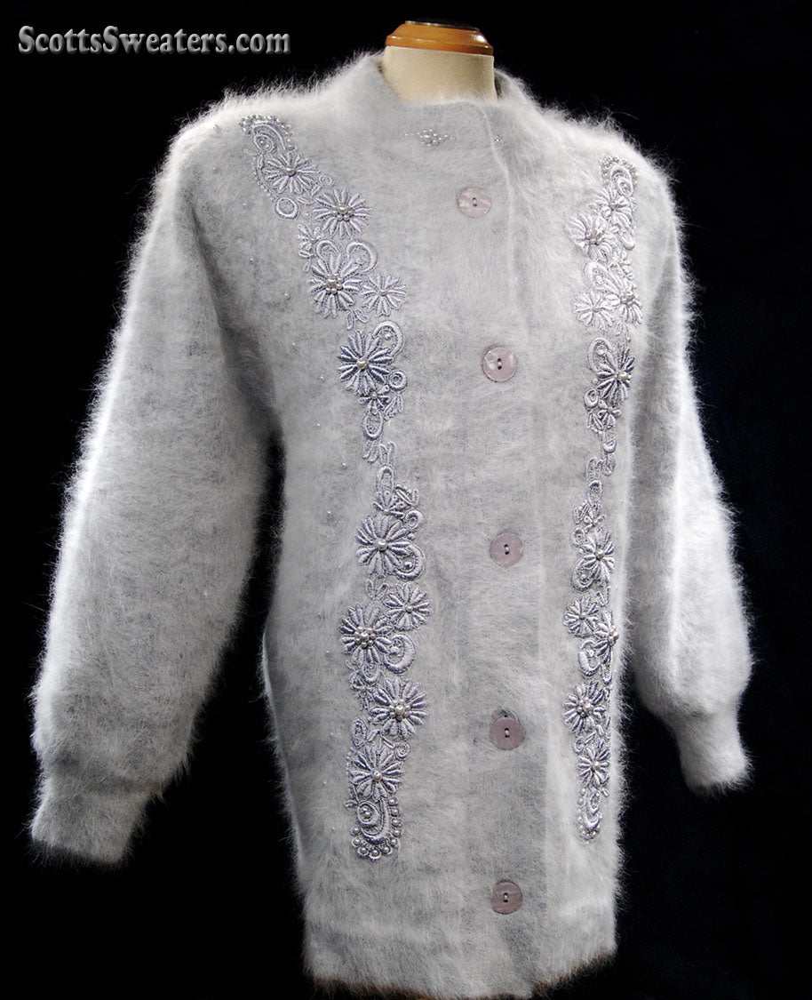 Woman's grey missy angora cardigan sweater with embroidered floral design and single-button closure