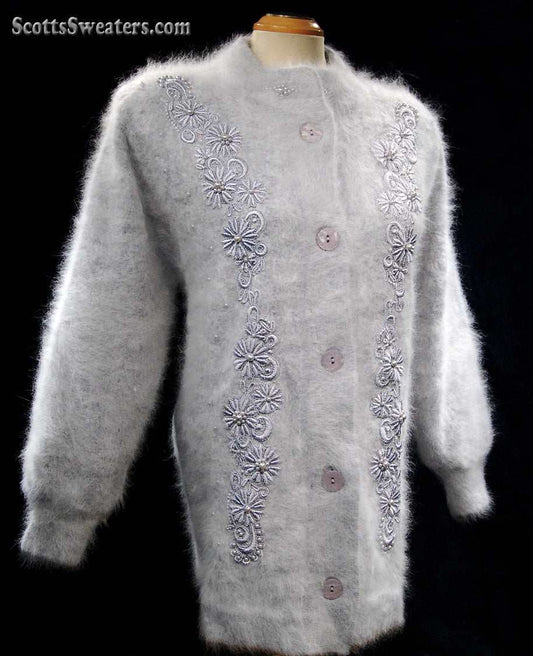 Woman's grey missy angora cardigan sweater with embroidered floral design and single-button closure