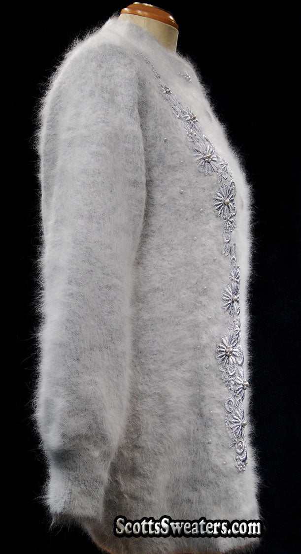 Woman's grey missy sized angora cardigan sweater with embroidered floral design and single-button closure