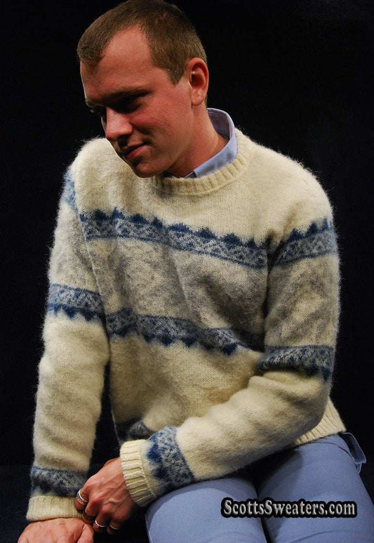 Men's ivory Icelandic wool crewneck sweater with blue snowflake design by Samband of Iceland