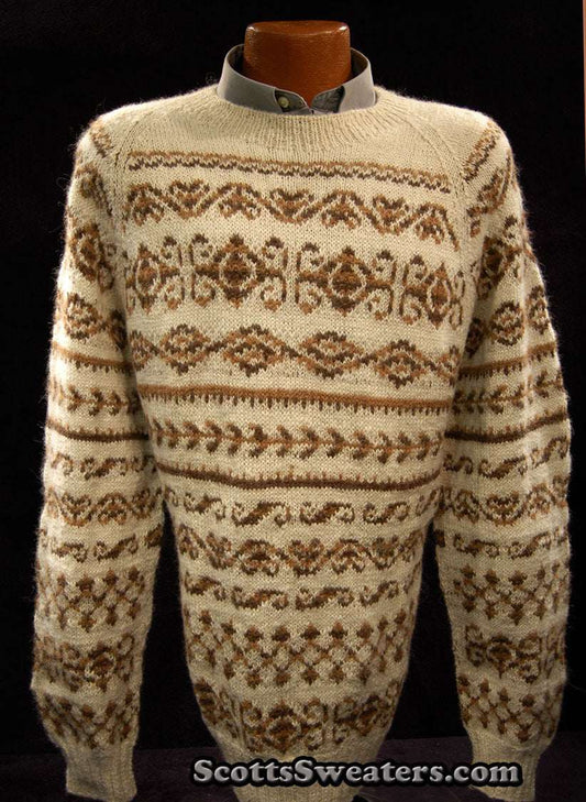 Men's ivory alpaca crewneck sweater with brown ethnic design by Fotrama in XL size