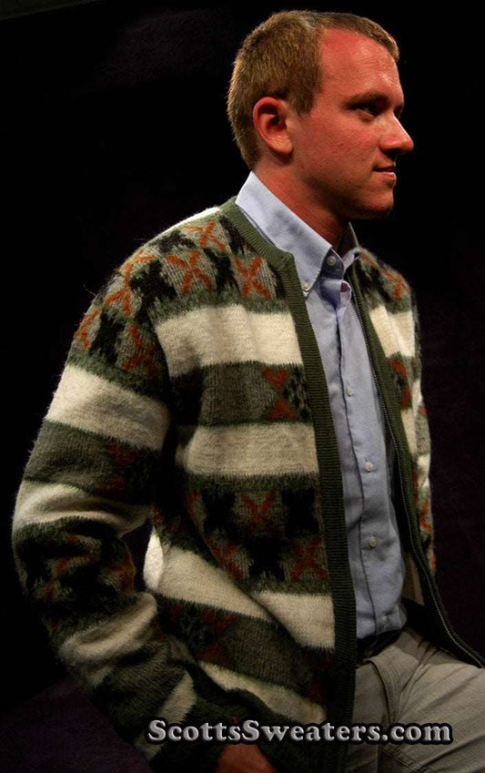 Men's Retro Zipper-front green and white faux-mohair cardigan with geometric design by Barclay