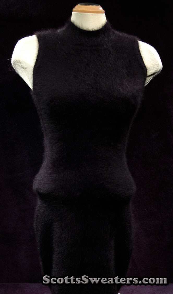 Black sleeveless angora sweaterdress by Next with shape-forming cling-fit design on mannequin