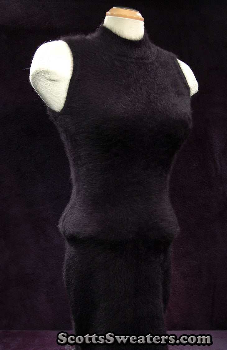 Sleeveless black angora sweaterdress by Next with a cling-fit shape-forming design on a mannequin