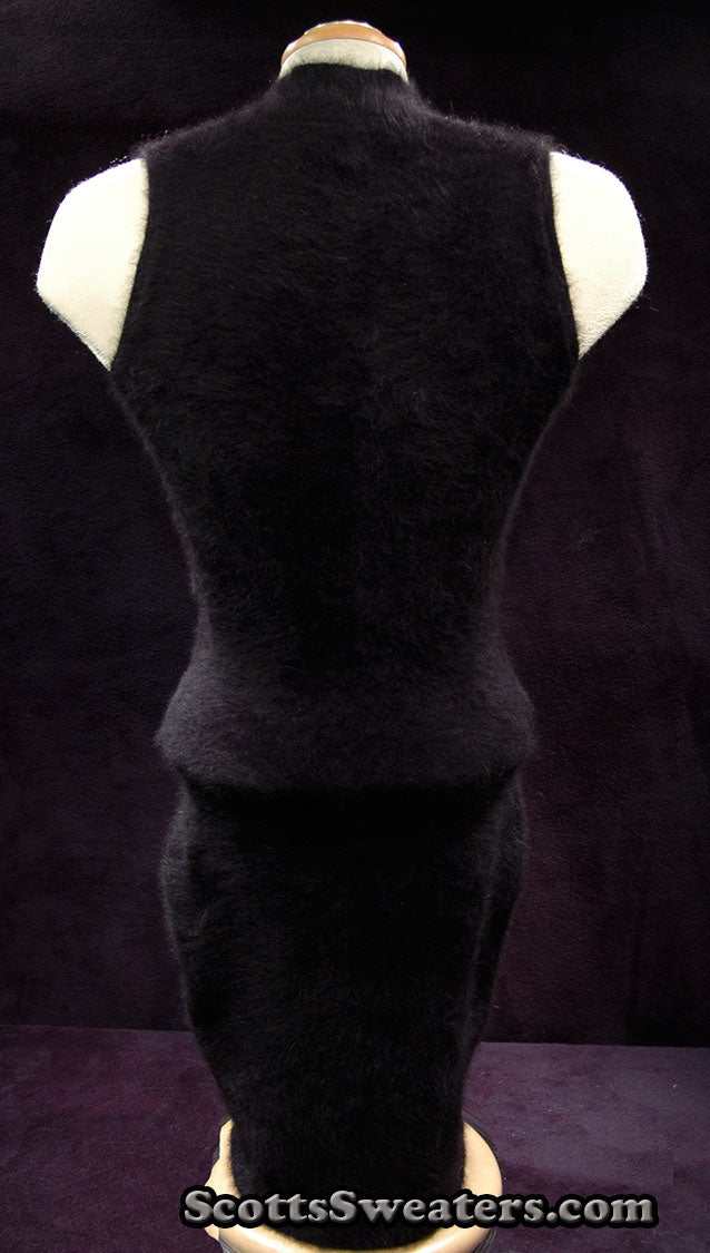 Sleeveless black angora sweaterdress by Next on mannequin back view, small size, cling-fit style