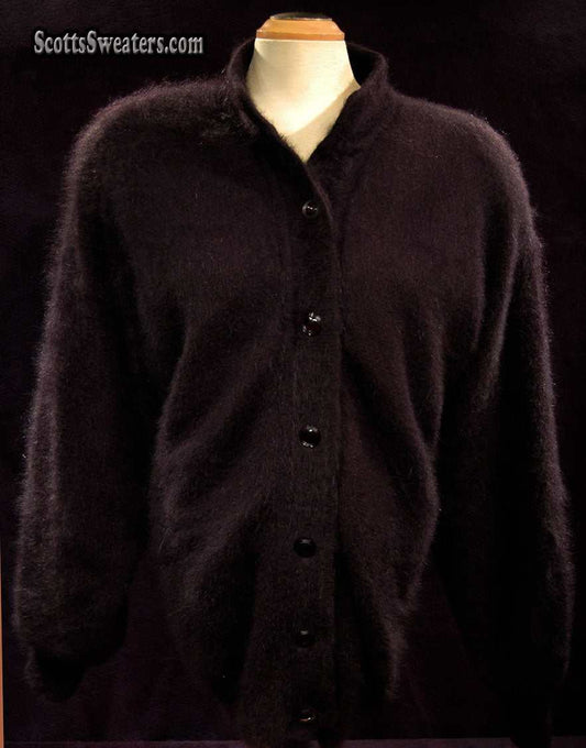 Woman's black angora cardigan sweater by Venesha with six buttons and nylon lining, large size