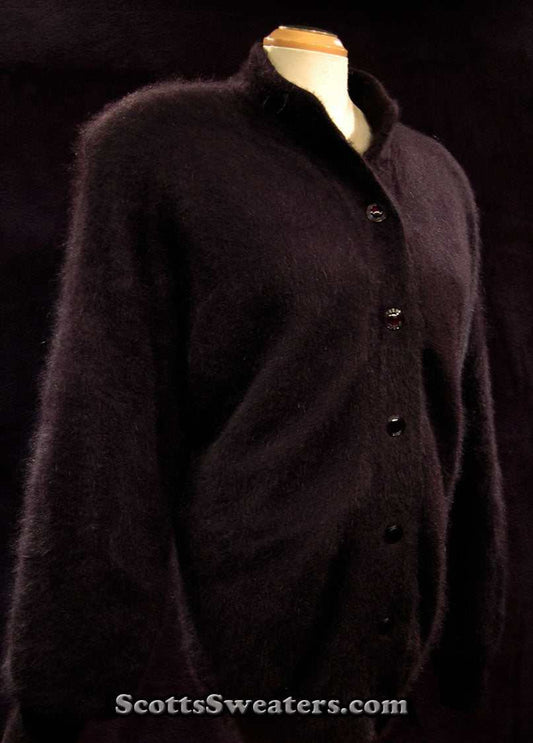 Woman's black angora cardigan sweater with 6 buttons by Venesha, nylon lined, size large