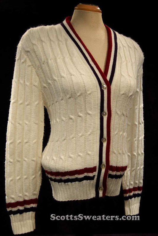 Woman's retro white cable-knit cardigan sweater with red and blue trim stripes, pre-owned, size XS