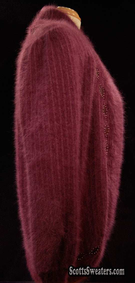 Deep-purple woman's 2-piece matching Angora sweater set with short-sleeve sweater and open-front cardigan featuring leather design appliqué
