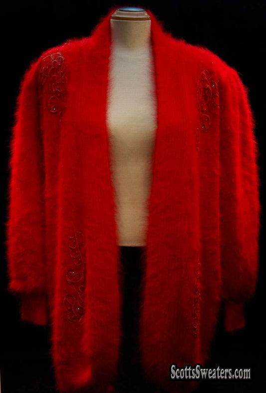 Plus-sized deep-red angora sweater-coat with embroidered design and side pockets by Lee Sands