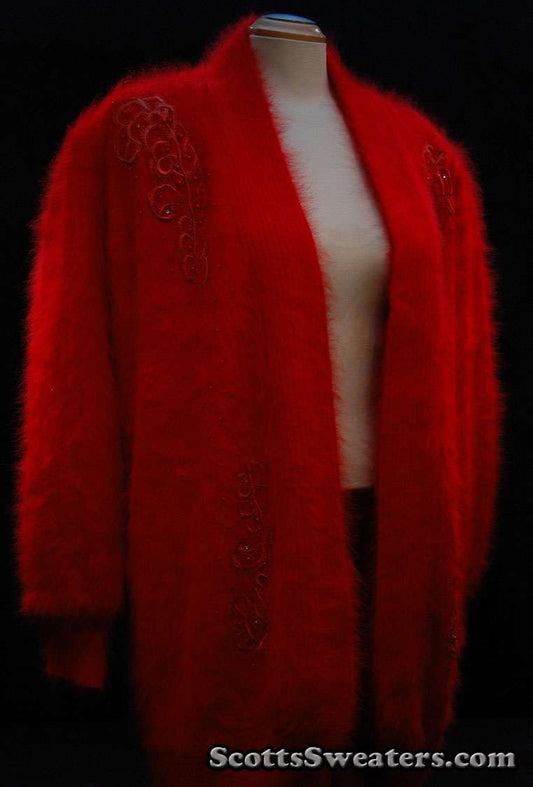 Plus-sized deep-red angora sweater-coat with embroidery and side pockets by Lee Sands