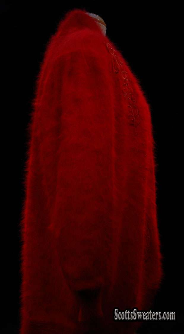 Plus-sized deep-red angora sweater-coat with embroidered design and side pockets by Lee Sands