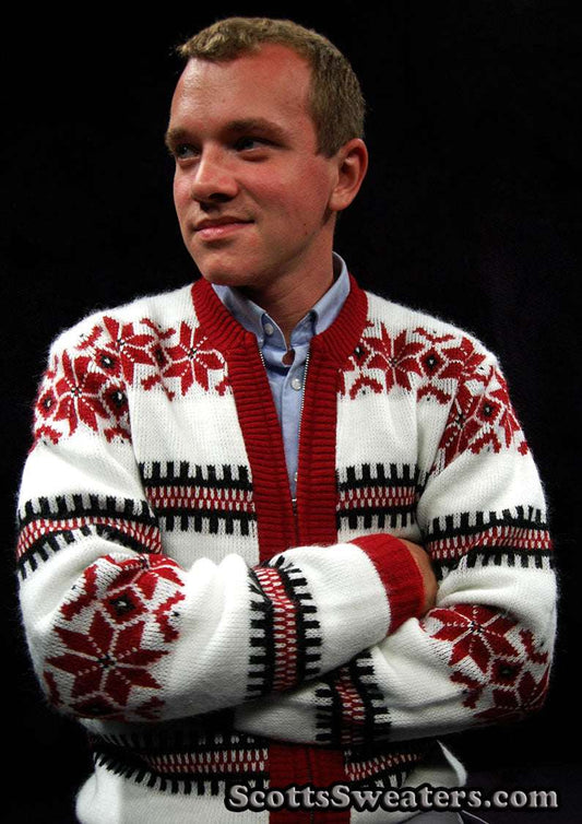 Men's retro zipper-front white faux-mohair cardigan with red snowflake design