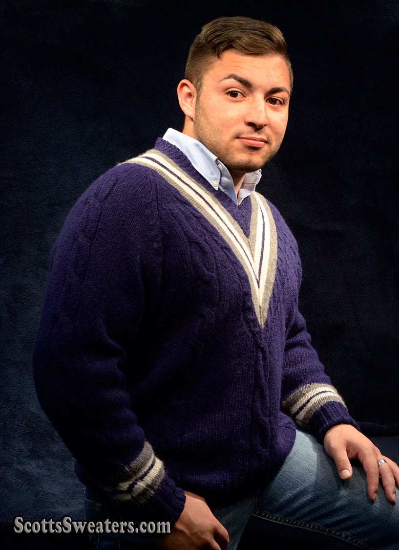 Men's navy-blue wool V-neck tennis sweater by The Gap with white stripes, pre-owned, medium size