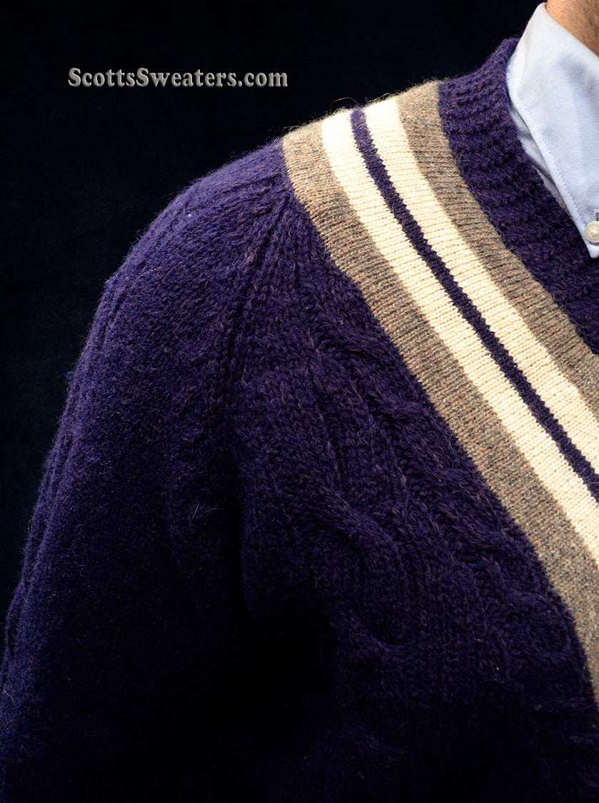 Men's navy-blue wool V-neck tennis sweater with white and brown stripes by The Gap, size medium, pre-owned