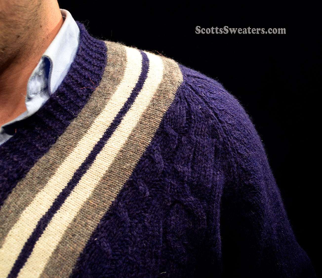 Men's navy-blue wool V-neck pullover tennis sweater with white and gray stripes by The Gap